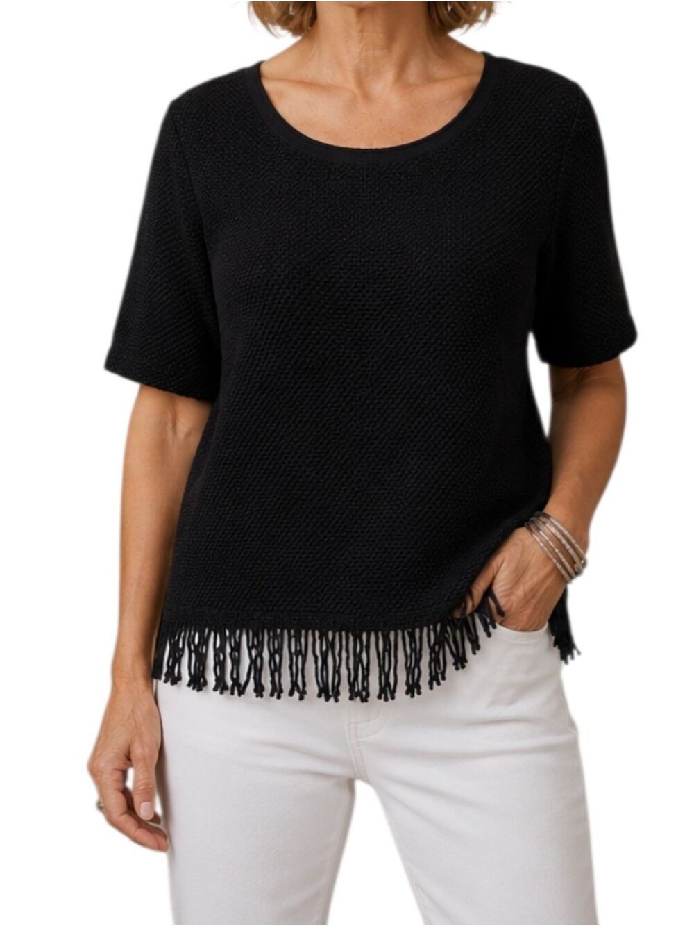 Chico's Black Textured Knit Fringe Hem Top Med/8 (Chico's 1) NWT